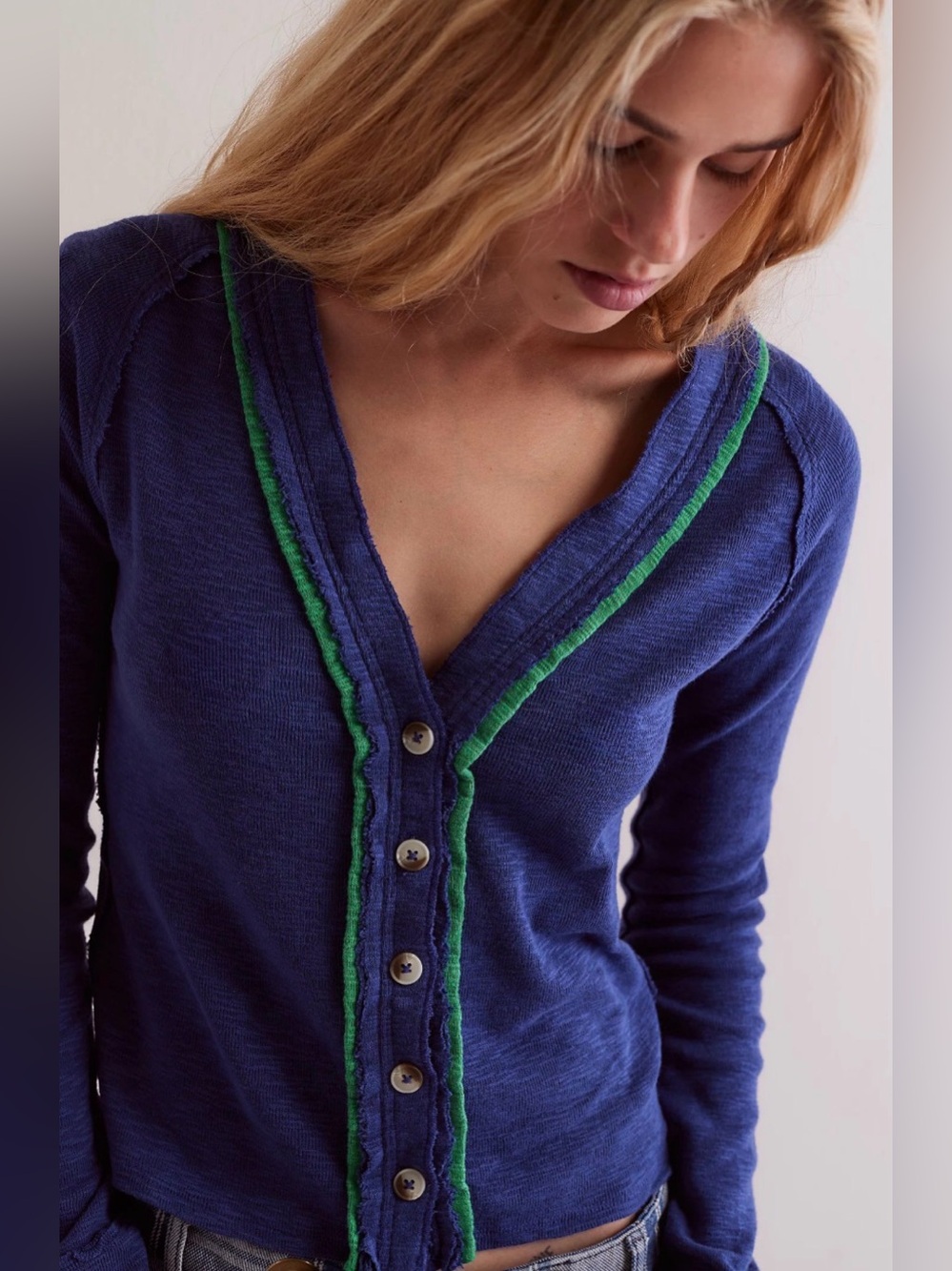 We The Free Navy Button-Front Cardigan with Green Trim